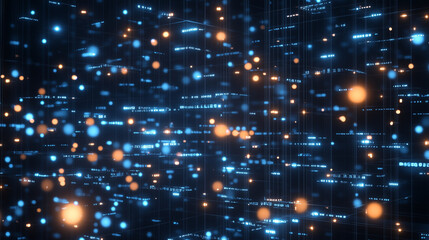 Abstract digital backgrounds with blue & orange lights. Signifies data flow in tech. Futuristic vibe.