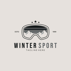 goggles ski protection mask logo line art with reflection of mountains vector vintage illustration, sign and symbol