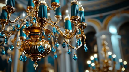 A luxurious chandelier sparkles, with teal crystal drops catching the light.