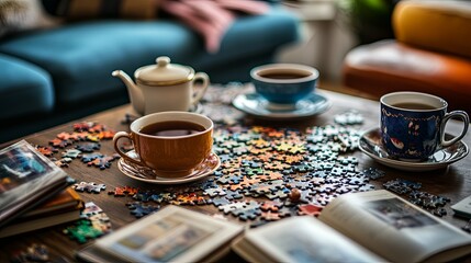 A cozy scene with tea cups, a teapot, and a jigsaw puzzle on a wooden table, inviting relaxation and leisure.