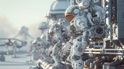 Fototapeta premium A team of astronaut-like robots operates in a futuristic industrial setting. The scene shows highly detailed humanoid robots performing tasks in a high-tech, possibly space-based, environment.