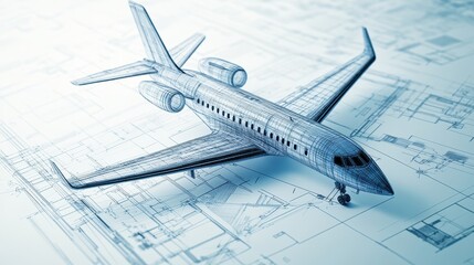 A blueprint-style image featuring a detailed airplane model, showcasing design and engineering concepts in aviation.