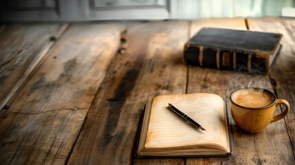 A cozy setting featuring an open notebook, a pen, a cup of coffee, and a vintage book on a wooden table, inviting creativity and reflection.