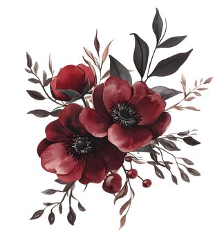 recommend clip art: Watercolor dark burgundy flower arrangement, clip  isolated on a white background 