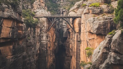 A stunning view of a rugged canyon featuring a historical wooden bridge amidst towering rock formations and lush greenery.