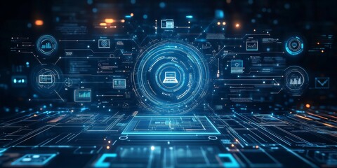 Payroll technology concept, integrated smart solutions for efficient employee compensation management, modern interfaces with icons representing automation, analytics, compliance,support,Generative AI