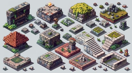 Whimsical Pixel Art Isometric Fantasy Village Landscape with Medieval Architecture and Natural Elements