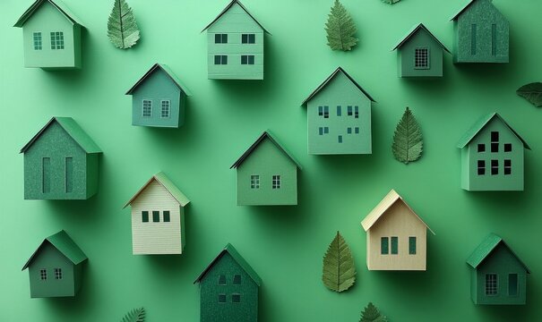 Assorted green paper houses on a green background symbolizing eco-friendly urban development, sustainable living, and community housing concepts, Generative AI - Powered by Adobe