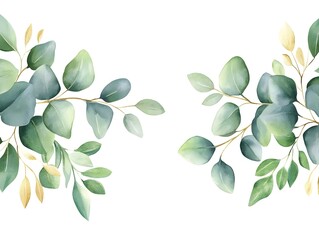Naklejka premium Watercolor eucalyptus garland frame isolated on a white background, a wedding decoration design with green leaves and yellow flowers. 