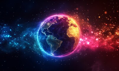 Obraz premium Vibrant and colorful illustration of the Earth with a glowing, neon-like effect, symbolizing global connectivity, digital innovation, and creative representation of, Generative AI