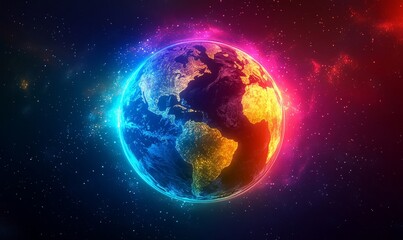 Fototapeta premium Vibrant and colorful illustration of the Earth with a glowing, neon-like effect, symbolizing global connectivity, digital innovation, and creative representation of, Generative AI