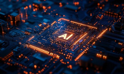 Obraz premium Futuristic neon-lit circuit board with Ethical AI text highlighting the importance of morality in artificial intelligence development, Generative AI