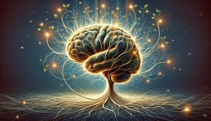 
This imaginative illustration showcases a brain surrounded by intricate vines or growing roots, symbolizing its remarkable ability to adapt, grow, and reorganize itself by forming new connections. Th
