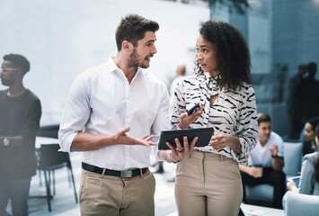 Planning, team and business people with tablet for discussion, question or brainstorming idea. Problem solving, technology and collaboration in startup for campaign design, creative ads or promotion