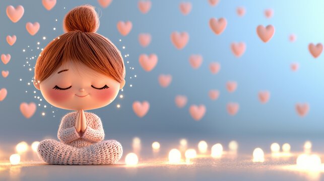 Adorable character meditating with an app, A serene illustration of a joyful character meditating among glowing hearts, radiating peace and positive energy.