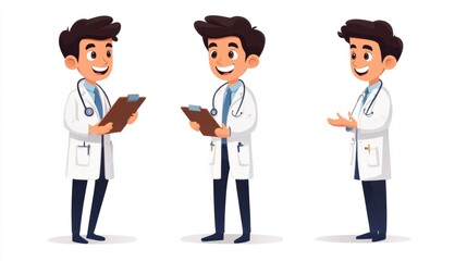 Fototapeta premium Adorable doctor character standing with a clipboard and a bright smile, isolated on a clean white background.