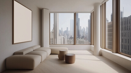 Empty poster frame in living room. City view, minimalist decor. Light wood, white walls. Neutral palette.