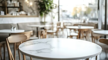 Obraz premium Illustrate a clean white marble tabletop in a stylish cafe or restaurant interior, with an abstract blurred background of muted colors and textures. This minimalist setting provides a perfect canvas