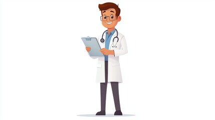 Cute doctor cartoon character in a white coat, holding a medical chart, smiling confidently, isolated on a white background.
