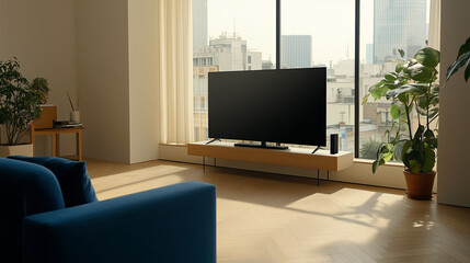 Minimalist living room with light wood floors, white walls, city view. Blue sofa, black TV. Modern design.