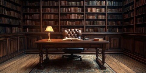 Classic Library Interior with Dark Wood Bookshelves Full of Leather-Bound Books and Desk with Reading Lamp, Generative AI