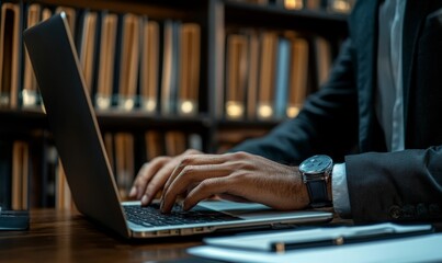 Businessman Managing Digital Files on Laptop - Document Management System, Enterprise Content, Paperless Workflow, Data Search, Cloud Technology, Generative AI