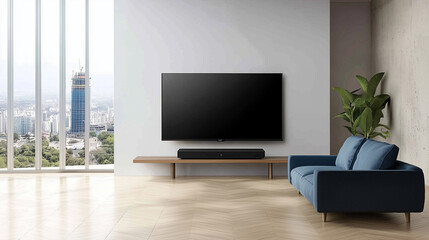 Minimalist living room with light wood floors, white walls, city view. Blue sofa, black TV. Modern design.