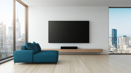 Minimalist living room with light wood floors, white walls, city view. Blue sofa, black TV. Modern design.