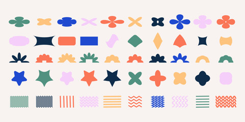 Fototapeta premium Brutalism and geometry y2k shapes and icons various form. Colorful retro figure, flower and other abstract decorative elements. Vector design aesthetic in red colors