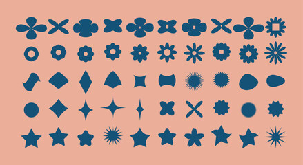 Brutalist geometric y2k shapes and icons various form. Trendy retro figure, flower and other abstract elements. Vector design aesthetic on pink background