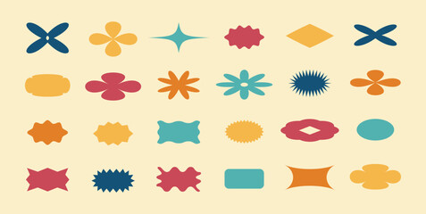 Brutalist geometric y2k shapes and elements collection. Trendy colorful retro forms, flowers and other abstract element set. Vector design aesthetic in different colors