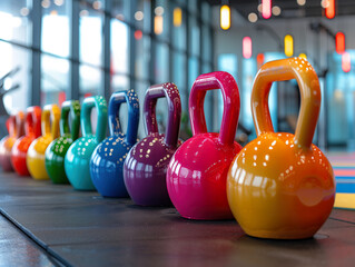 Colorful kettlebells of different weights arranged in rows in a modern gymnasium