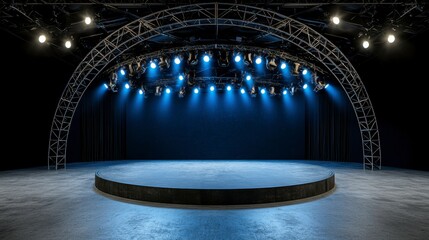 A modern stage setup with dramatic lighting, perfect for performances, concerts, and theatrical presentations.