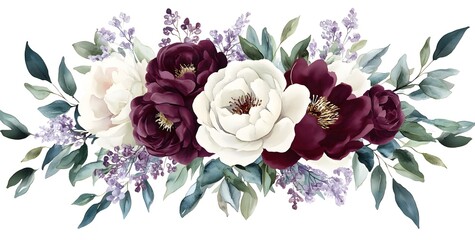 Fototapeta premium Watercolor floral bouquet, burgundy red and white flowers, peonies, roses, and lilac foliage with eucalyptus, isolated on a background,