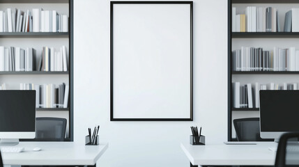3D office with desks, chairs, blank poster frame. Minimalist style, natural light