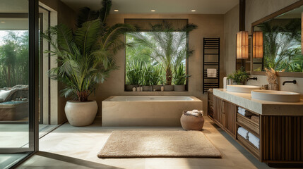 Fototapeta premium Luxurious bathroom with an indoor palm tree next to a freestanding marble bathtub