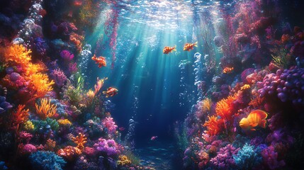 Obraz premium Vibrant coral reef with colorful fish and sunlight shining through the water.