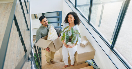 Couple, moving and above with box in portrait for property, investment and packing for new home....