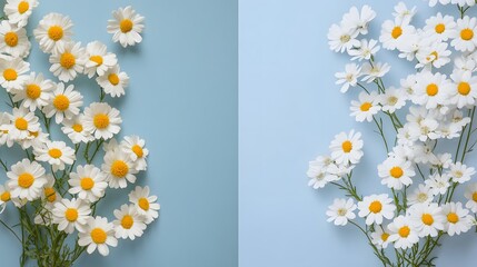 Capture an image of Feverfew flowers elegantly arranged on the left, against a minimalist backdrop. The right side offers ample blank space for product display or health-centric messages, enhancing