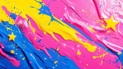 Vibrant abstract paint splashes in pink, yellow, and blue with star accents