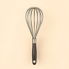 A black-handled kitchen whisk rests on a cream background, an essential tool with modern appeal.