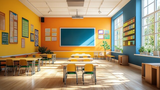 A classroom with a blue board and yellow chairs. The room is empty and bright. The walls are painted in bright colors