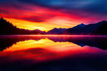 Fototapeta premium Vibrant sunset reflecting on a serene lake surrounded by mountains.