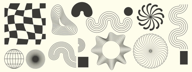 Fototapeta premium Hand drawn abstract minimal element mid century vector set. Aesthetic contemporary stripe line art, geometric shape in monochrome. Art form design for wall art, decoration, wallpaper.