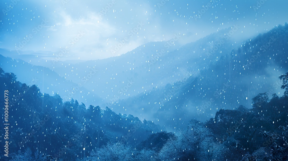 Poster Blue_landscape_with_valley_rain_backgrounds