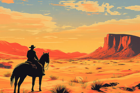 cowboy sunset clouds landscape desert background silhouette wild west artwork illustration