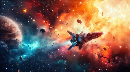 Naklejka premium Vintage Space Scene with a Spacecraft in a Galaxy
