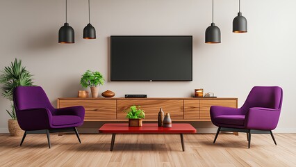 Modern Minimalist Living Room Design with Stylish Purple Chairs and Elegant Decor