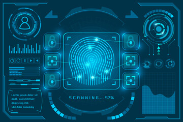 Advanced blue biometric fingerprint scanner with digital HUD elements, ideal for security and technology concepts.