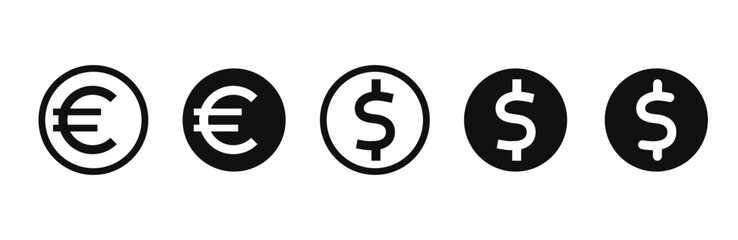 Money outline and glyph icons.Dollar and euro coins icons.Vector illustration